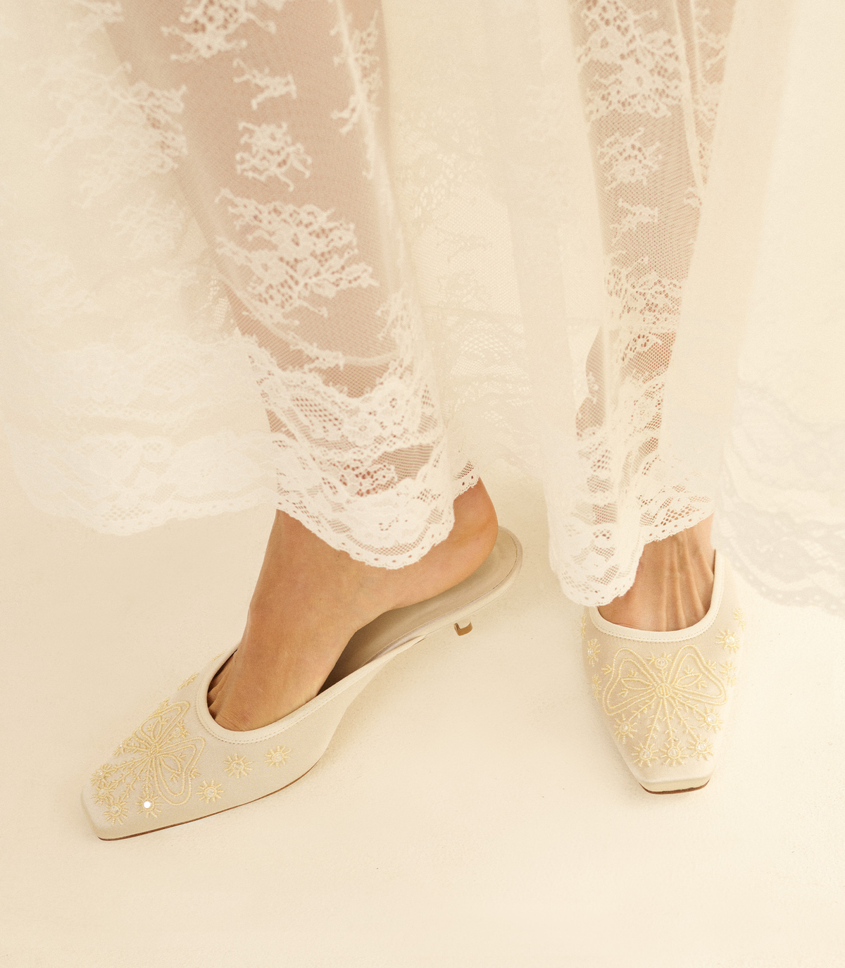 Malin Mule in Embellished Eggshell Satin, view 3