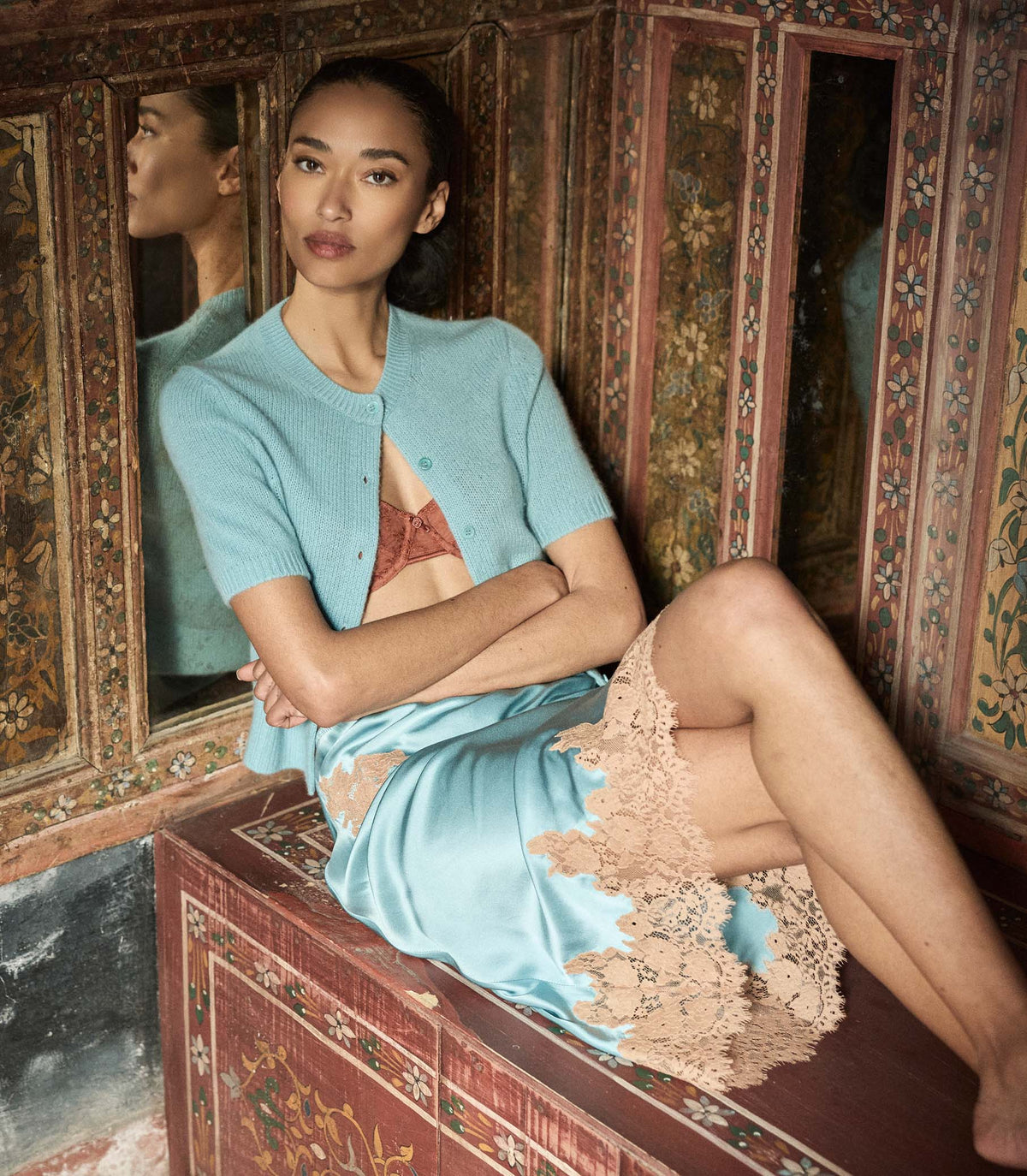 Alesia Cashmere Cardigan in Deep Aquamarine, view 3