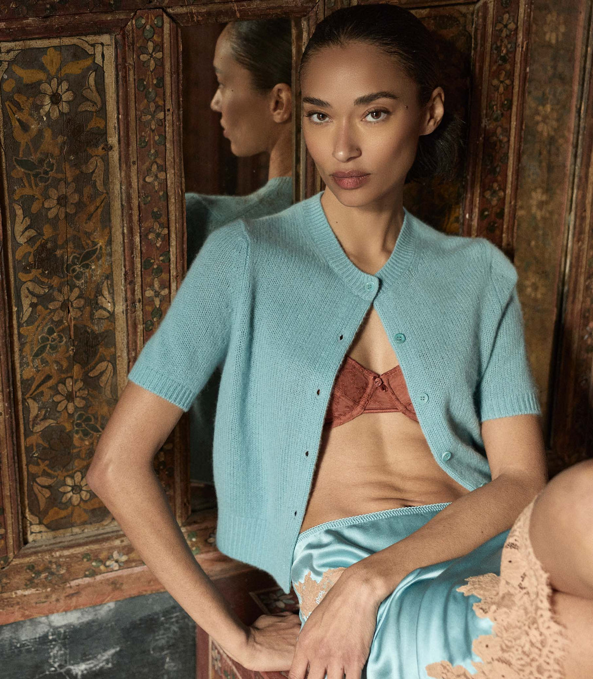 Alesia Cashmere Cardigan in Deep Aquamarine, view 4