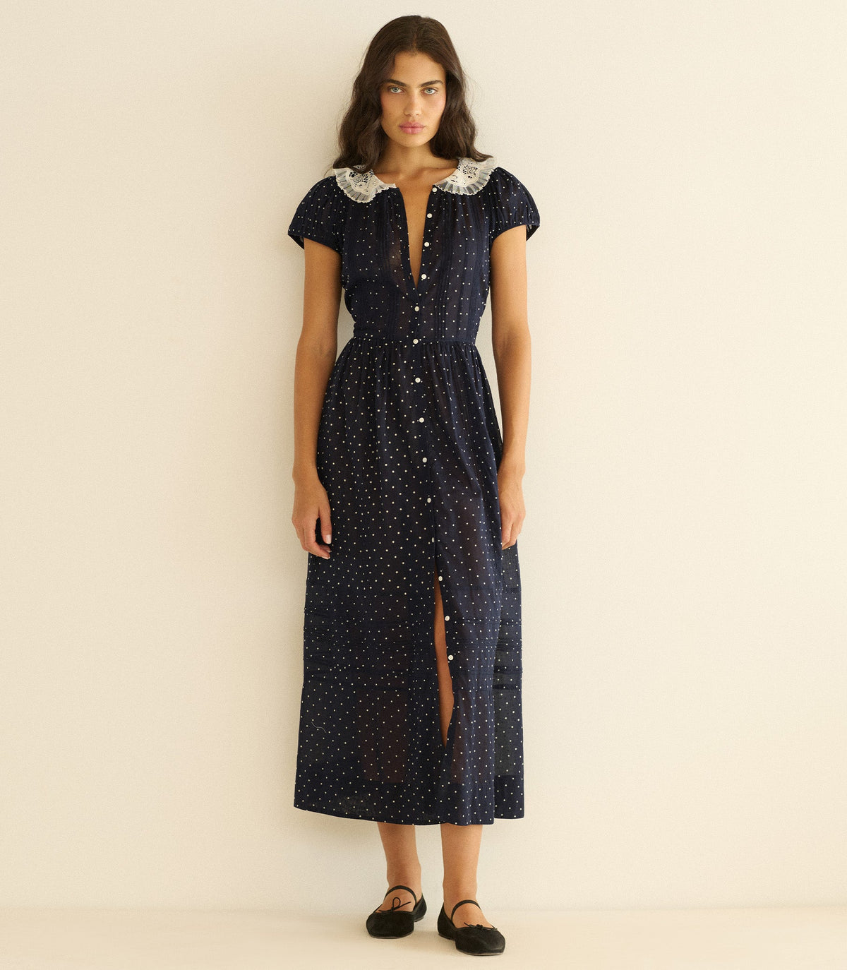 Amérie Dress in Navy Flock Dot, view 3