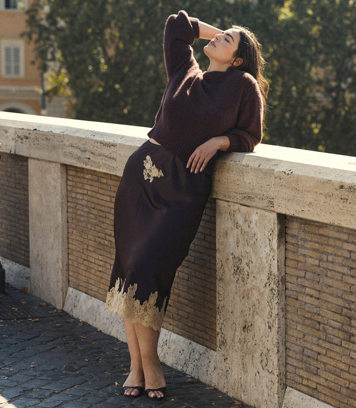 Elowen Skirt in Equestrian Brown with Cream Lace, view 5