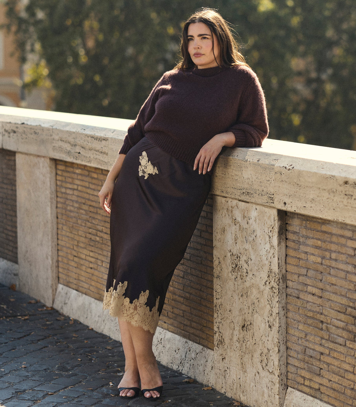Elowen Skirt in Equestrian Brown with Cream Lace, view 6