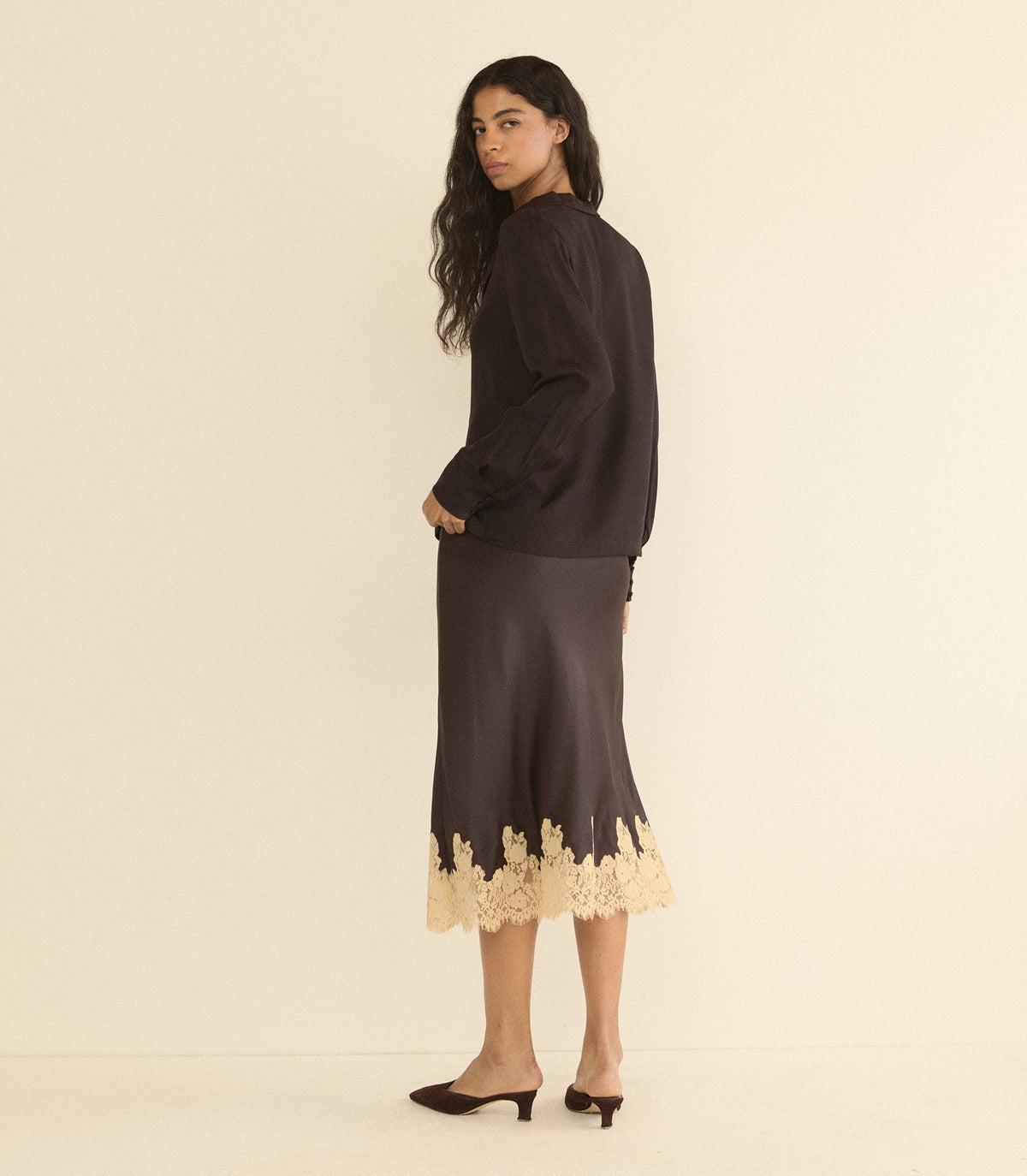Elowen Skirt in Equestrian Brown with Cream Lace, view 2