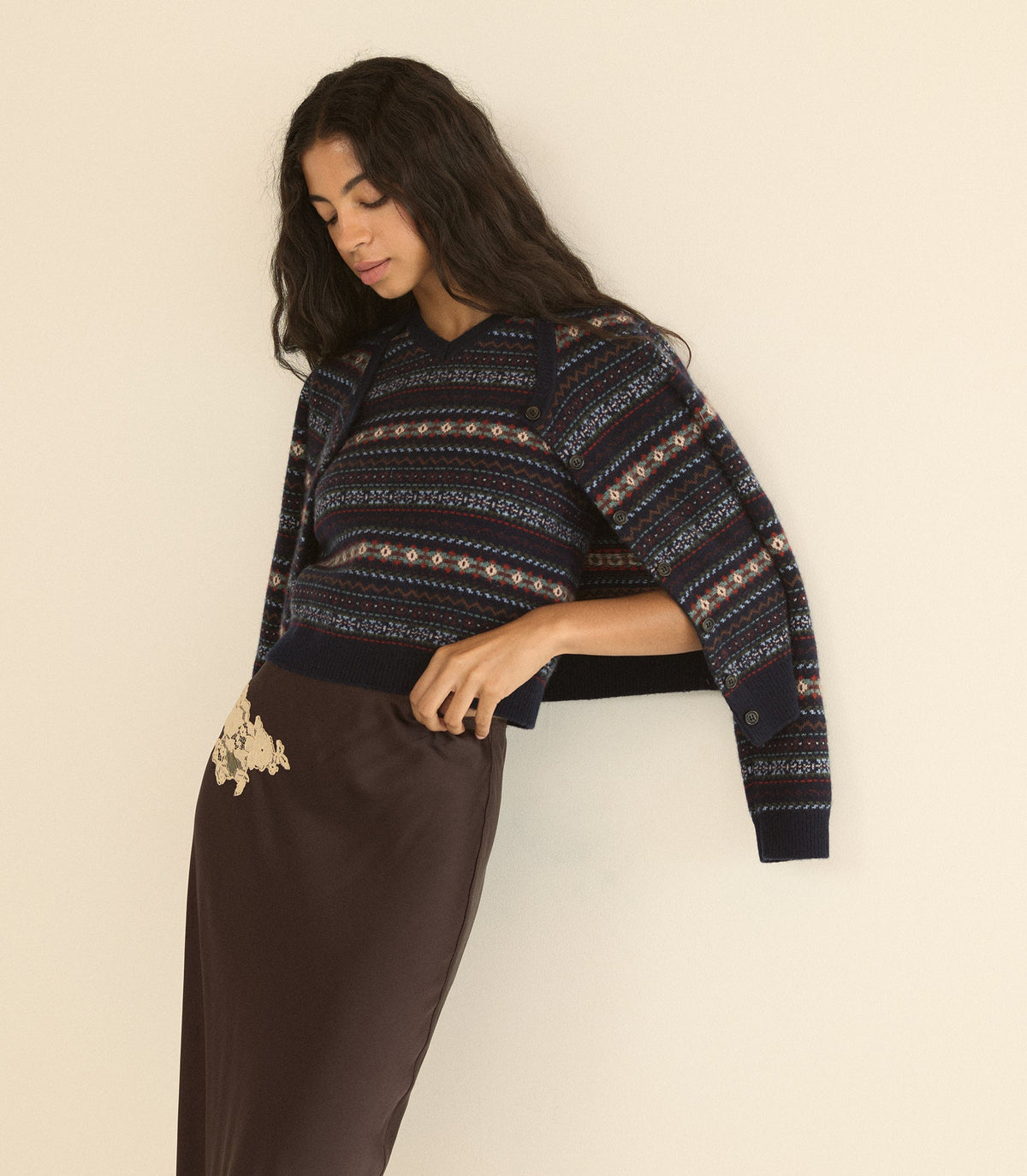 Faustine Cardigan in Navy Dashwood Fair Isle, view 3