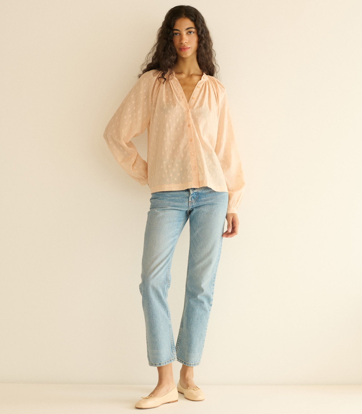 Julienne Top in Peach Sorbet Marseille Embroidery, view 3