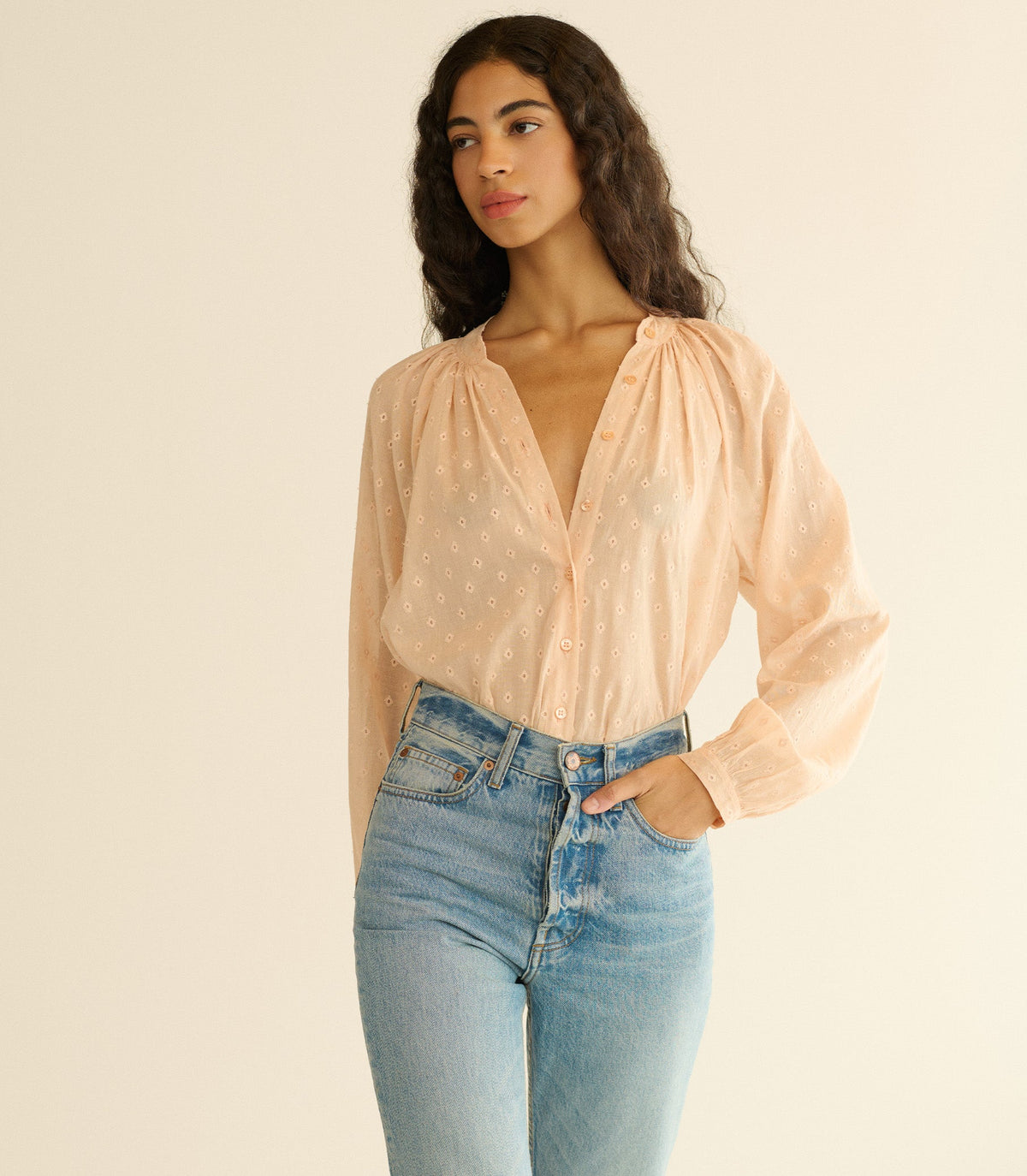 Julienne Top in Peach Sorbet Marseille Embroidery, view 2