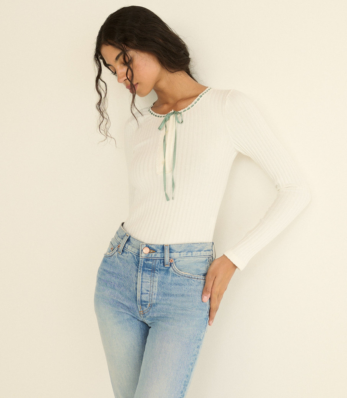 Lidie Tee in Salt with Cloud Blue Ribbon, view 3