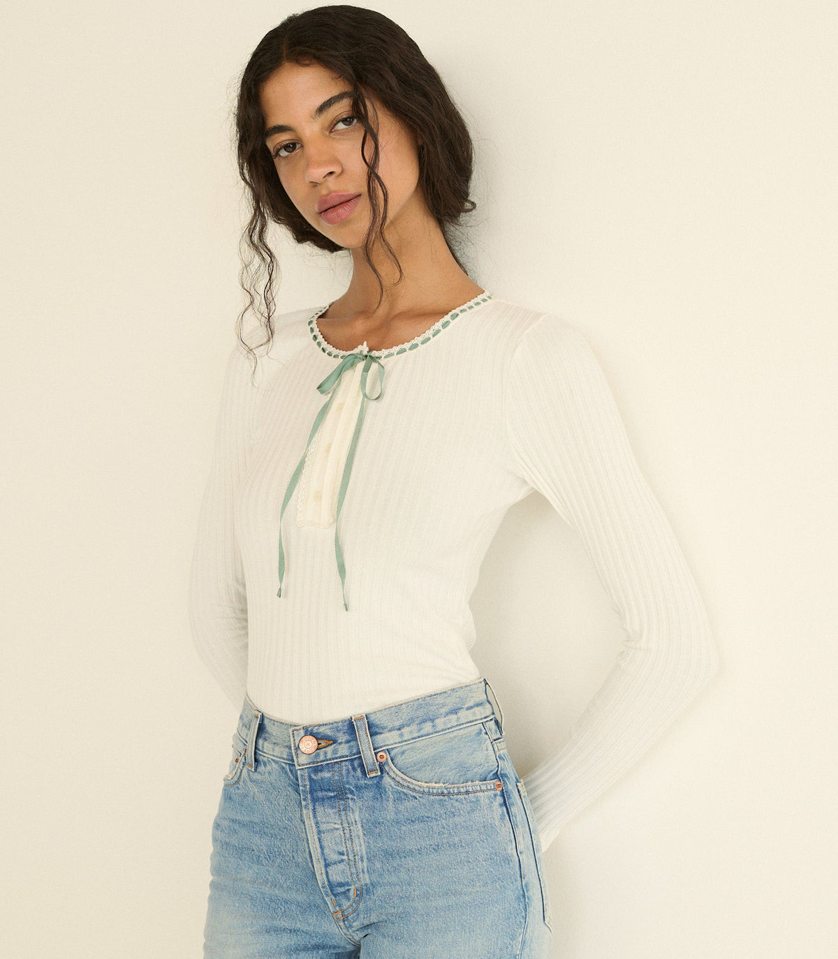 Lidie Tee in Salt with Cloud Blue Ribbon, view 2