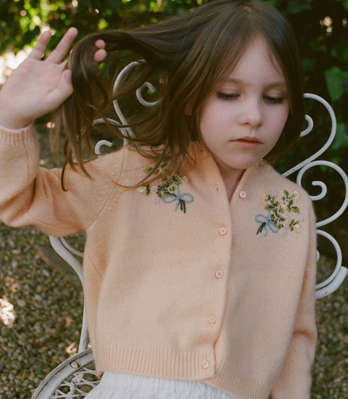 Petit Gardenia Cashmere Cardigan in Light Peach Sorbet, view 2
