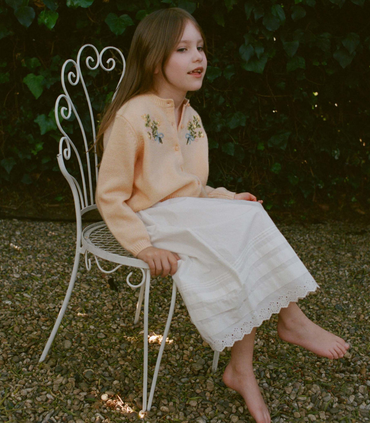 Petit Gardenia Cashmere Cardigan in Light Peach Sorbet, view 3